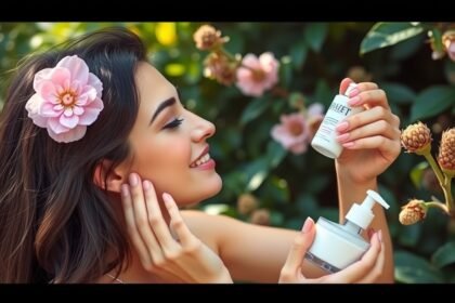 Nő szépségápolási termékekkel a természetben