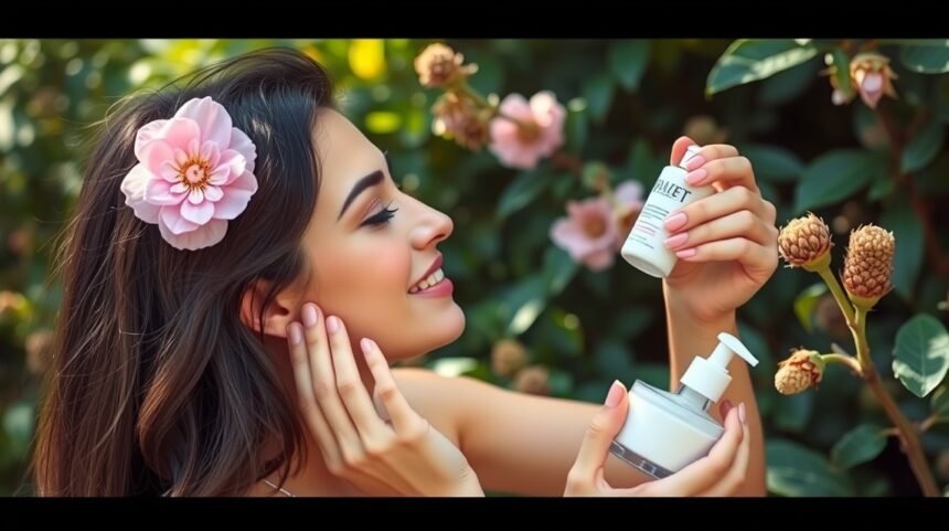 Nő szépségápolási termékekkel a természetben