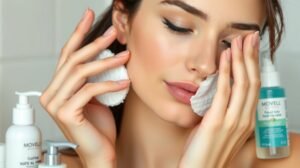 Nő smink eltávolítás közben, bőrápolási termékekkel