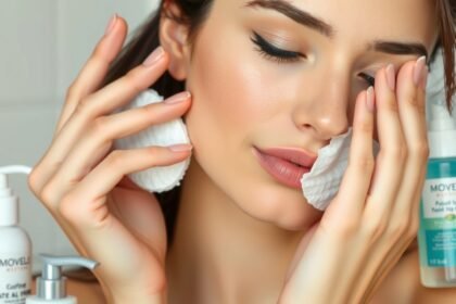 Nő smink eltávolítás közben, bőrápolási termékekkel
