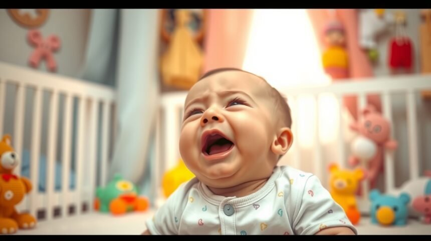 Csecsemő sír játékokkal körülvéve a gyerekszobában.