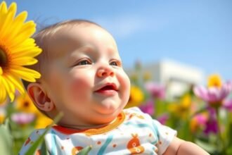 Vidám baba virágok között tavaszi napsütésben