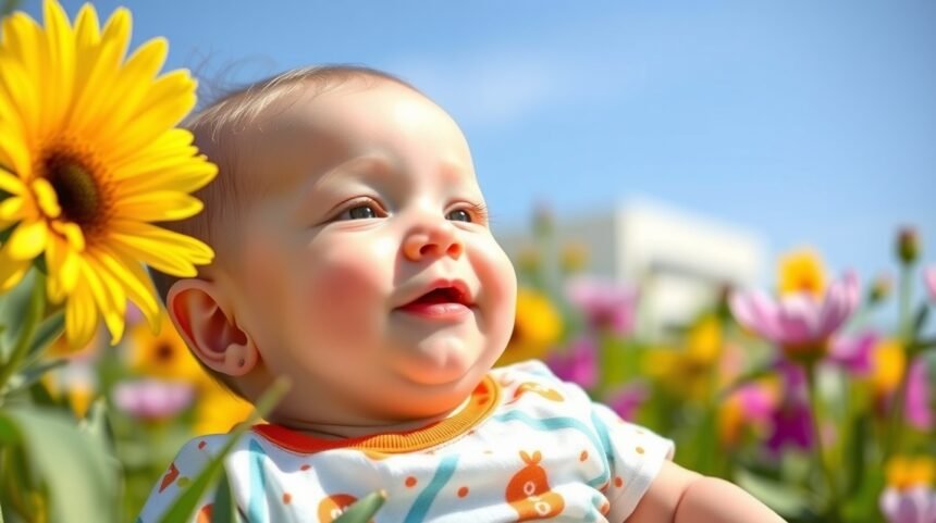 Vidám baba virágok között tavaszi napsütésben