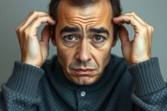 Férfi, akinek bűntudat és aggodalom látható az arcán.