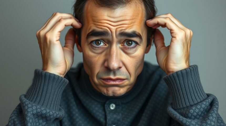 Férfi, akinek bűntudat és aggodalom látható az arcán.