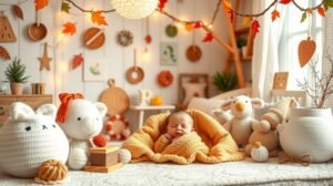 Baba barátságos barkács környezetben, puha játékokkal és színes dekorációval.
