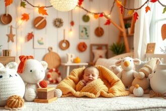 Baba barátságos barkács környezetben, puha játékokkal és színes dekorációval.