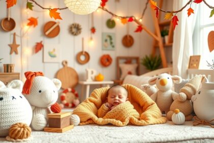 Baba barátságos barkács környezetben, puha játékokkal és színes dekorációval.