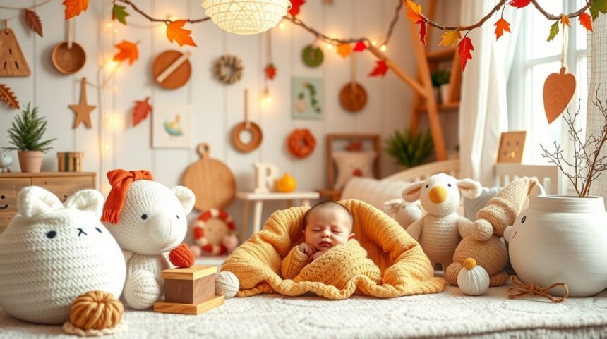 Színes barkácsötletek kisbabáknak minden évszakra 1 Baba barátságos barkács környezetben, puha játékokkal és színes dekorációval.