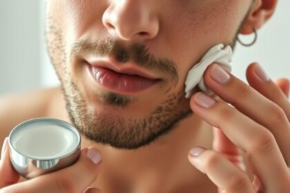 Férfi bőrápolás arckrém használata közben szervezettség és ápoltság.