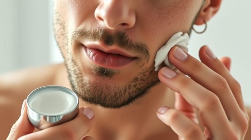 Férfi bőrápolás arckrém használata közben szervezettség és ápoltság.