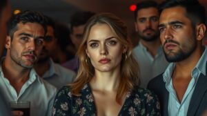 womensway 138 Egy nő, aki a férfiak körében magabiztosnak tűnik, de érzései elárulják a belső kételyeit.