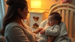 Egy anya nyugtatja a babáját éjszaka a szobában