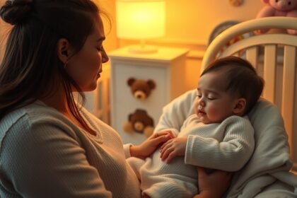 Egy anya nyugtatja a babáját éjszaka a szobában