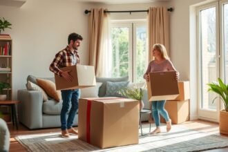 Költözés közben egy pár fényes lakásban dobozokkal.