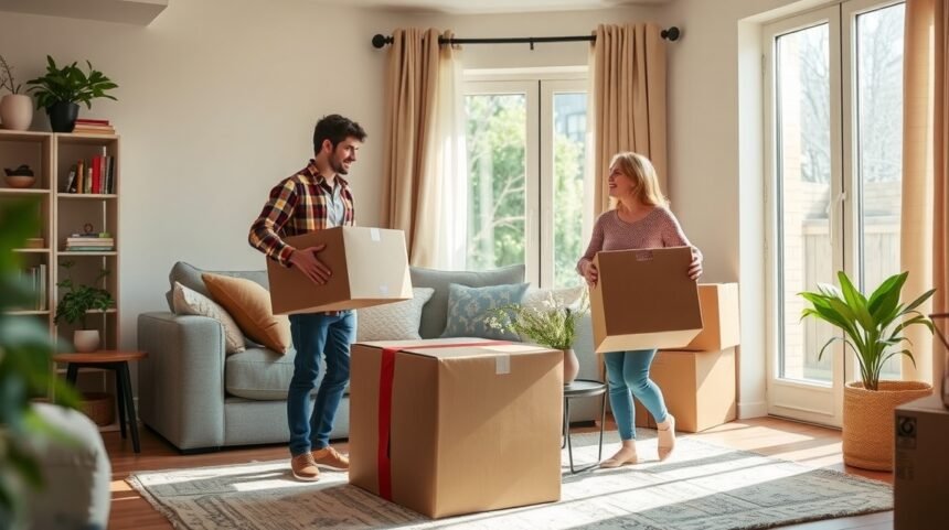Költözés közben egy pár fényes lakásban dobozokkal.