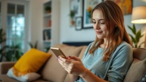 Fiatal nő mobiltelefonon üzenetet küld, barátságos környezetben.