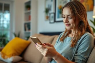 Fiatal nő mobiltelefonon üzenetet küld, barátságos környezetben.