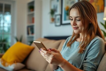 Fiatal nő mobiltelefonon üzenetet küld, barátságos környezetben.