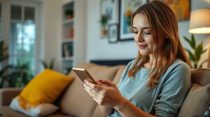 Fiatal nő mobiltelefonon üzenetet küld, barátságos környezetben.