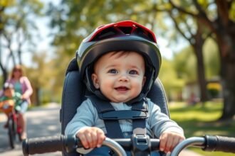 Baba kerékpáros ülésben biztonsági sisakkal, parkos környezetben.