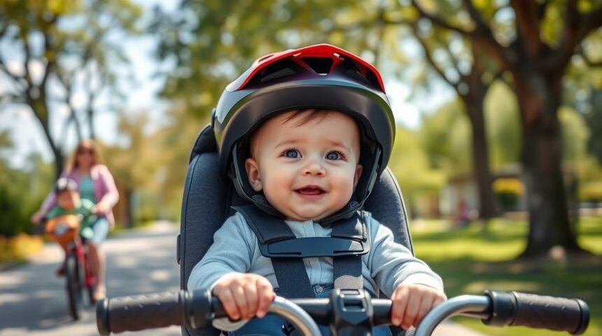 Baba kerékpáros ülésben biztonsági sisakkal, parkos környezetben.
