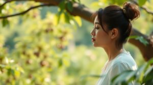 Egy nő, aki figyelmesen hallgat egy zöld háttér előtt.