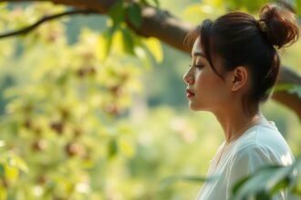 Egy nő, aki figyelmesen hallgat egy zöld háttér előtt.