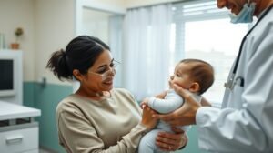 Csecsemő orvosi vizsgálat során édesanyával, orvossal