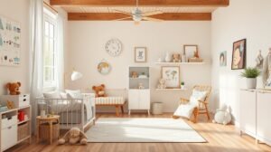 Gyerekbarát elrendezés fényes szobában plüssfigurákkal.