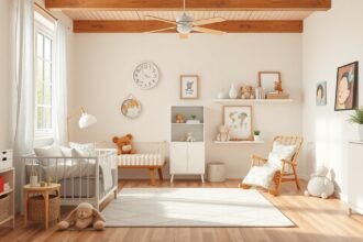 Gyerekbarát elrendezés fényes szobában plüssfigurákkal.