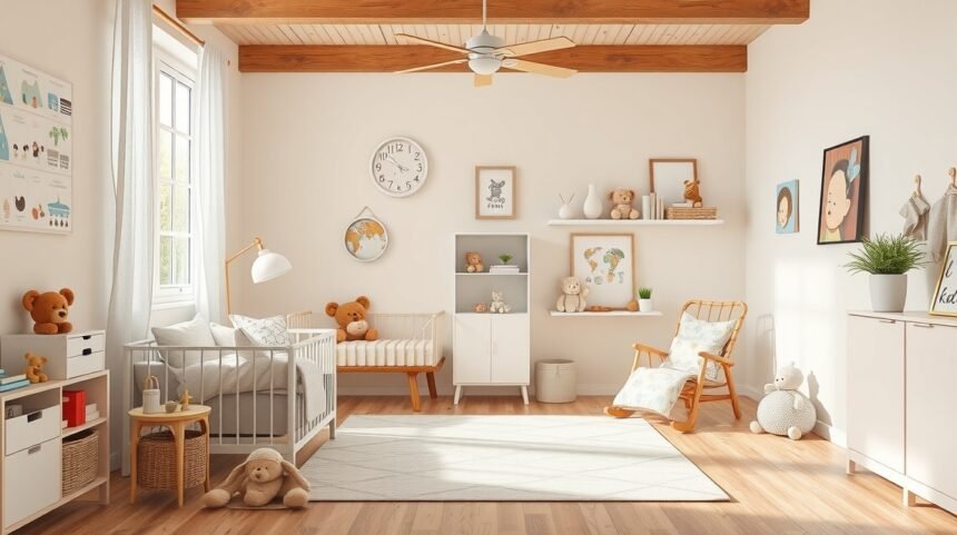 Gyerekbarát elrendezés fényes szobában plüssfigurákkal.