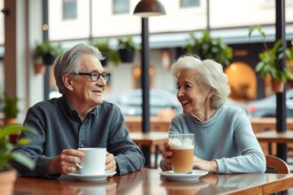 Egy idősebb pár kávézik és beszélget egy kávézóban