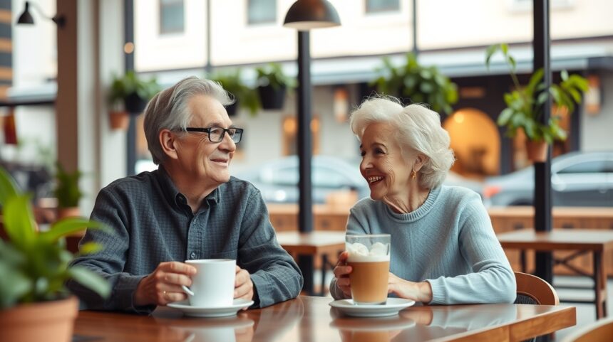 10 tanács az 55 év feletti randizás és szerelem megtalálásának világában való eligazodáshoz 1 Egy idősebb pár kávézik és beszélget egy kávézóban