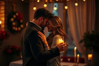 Pár egy romantikus vacsorán, fénygyertyák mellett.