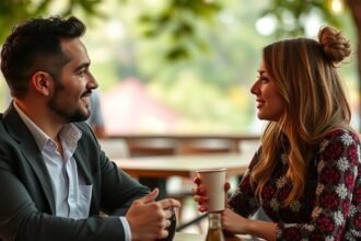Pár beszélgetése első randin, kávéval az asztalon.