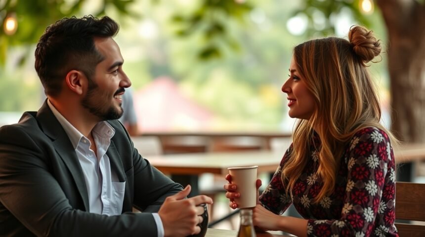 Pár beszélgetése első randin, kávéval az asztalon.