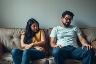Fáradt pár ül a kanapén, az érzelmi kapcsolatuk megfáradt.