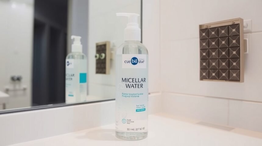 Micellás víz flakonja a fürdőszobában, modern arctisztító termék.