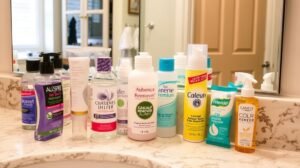 Különböző sminklemosók a fürdőszobában, teszteléshez előkészítve.