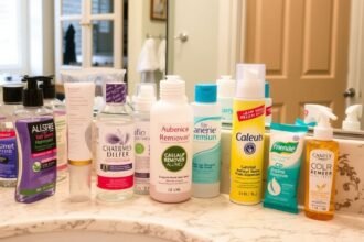 Különböző sminklemosók a fürdőszobában, teszteléshez előkészítve.