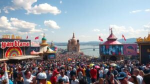 womensway 144 Népszerű fesztivál tömeg a színpompás pavilonok előtt