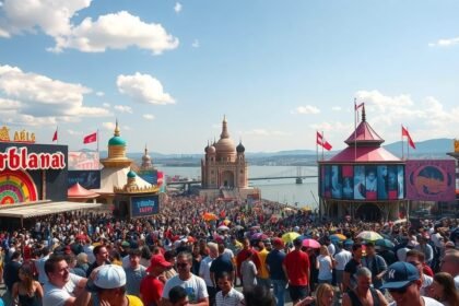 Népszerű fesztivál tömeg a színpompás pavilonok előtt