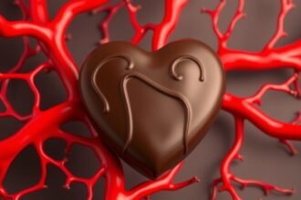 Fekete csokoládé szív és érrendszeri mintázat háttérrel