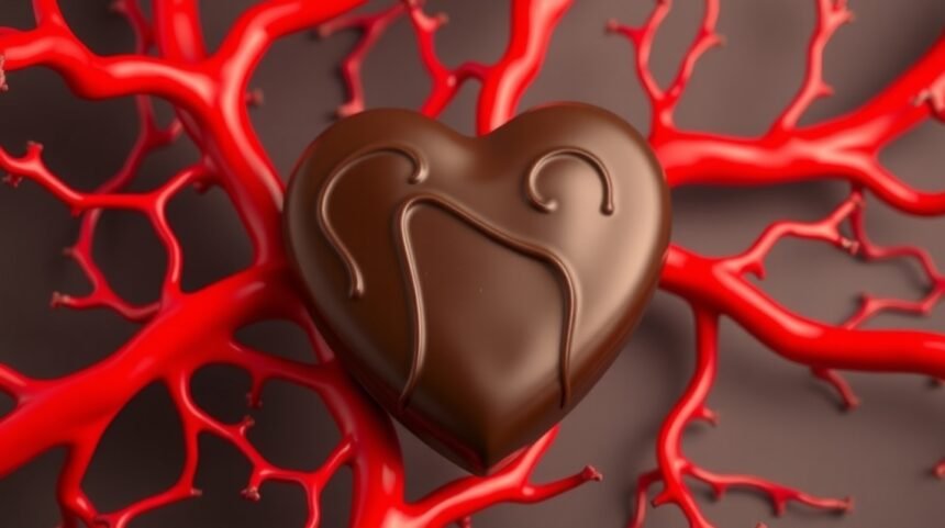Fekete csokoládé szív és érrendszeri mintázat háttérrel