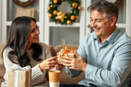 Pár ajándékot cserélődő férfi és nő, ünnepi hangulatban.