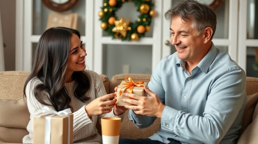 Pár ajándékot cserélődő férfi és nő, ünnepi hangulatban.