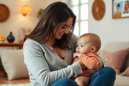 Édesanya a csecsemőjével a Baba-Mama Klubban való első látogatásra készülve.