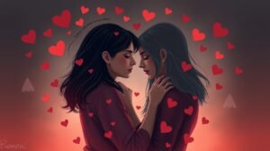 Két nő szeretetteljes kapcsolatban, szívek körülöttük.