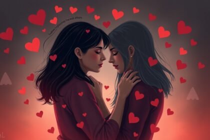 Két nő szeretetteljes kapcsolatban, szívek körülöttük.